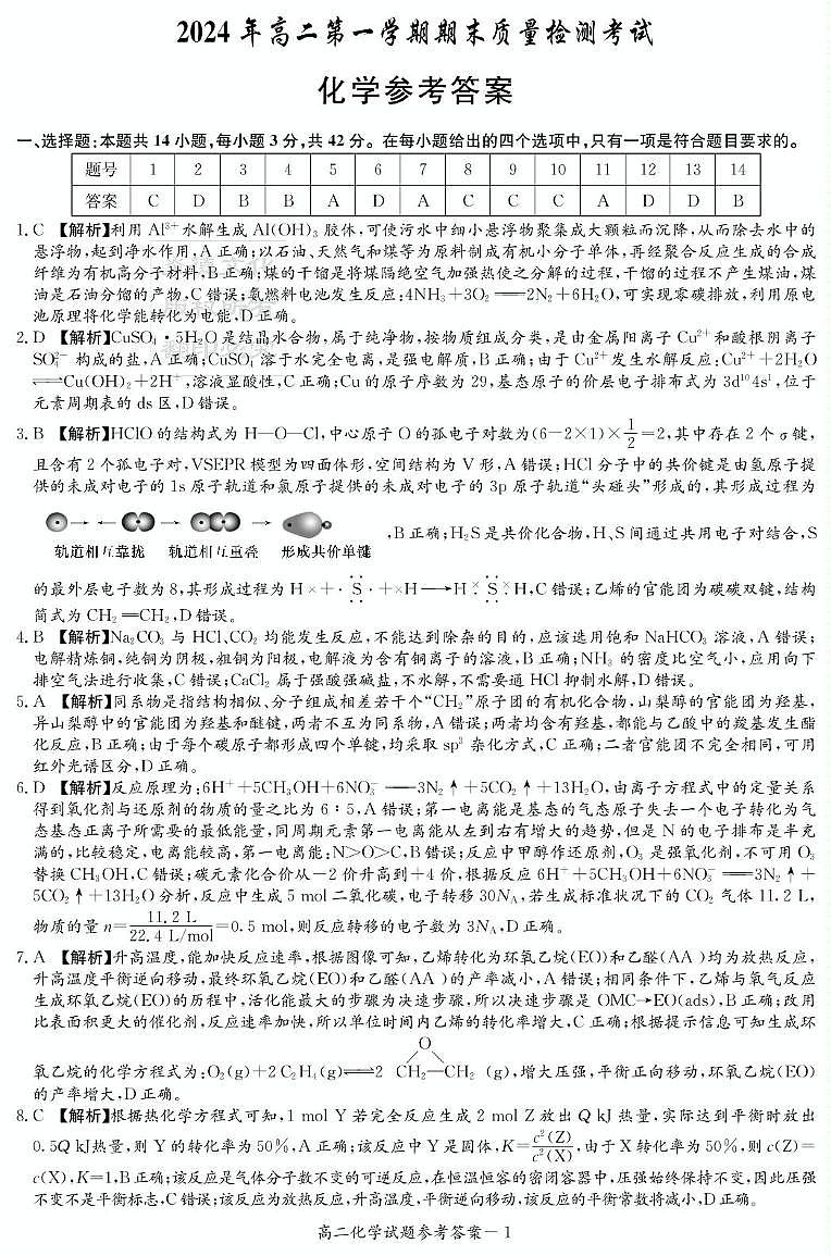 湖南省炎德英才名校联合体2024-2025学年第一学期高二化学期末联考试题及答案 化学答案(高二期末联考)第1页