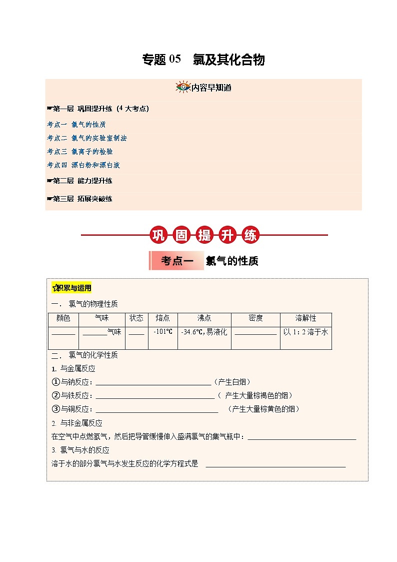 ③寒假提升练-专题05 氯及其化合物(学生版)-2025年高一化学寒假衔接讲练 (人教版) 第1页