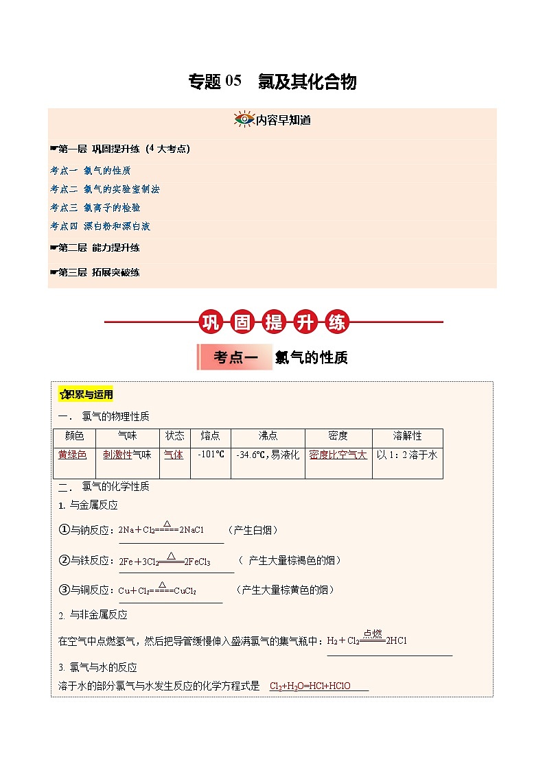 ③寒假提升练-专题05 氯及其化合物(教师版)-2025年高一化学寒假衔接讲练 (人教版) 第1页