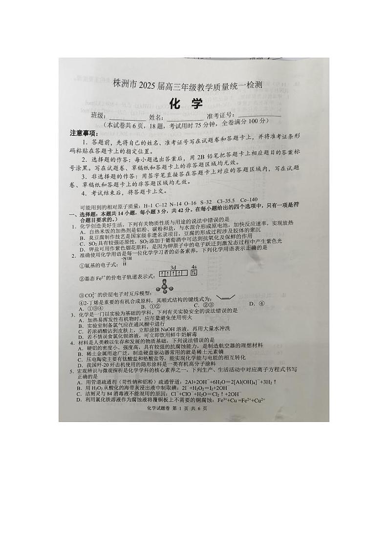 湖南省株洲市2025届高三上学期教学质量统一检测化学试卷(PDF版附答案)第1页