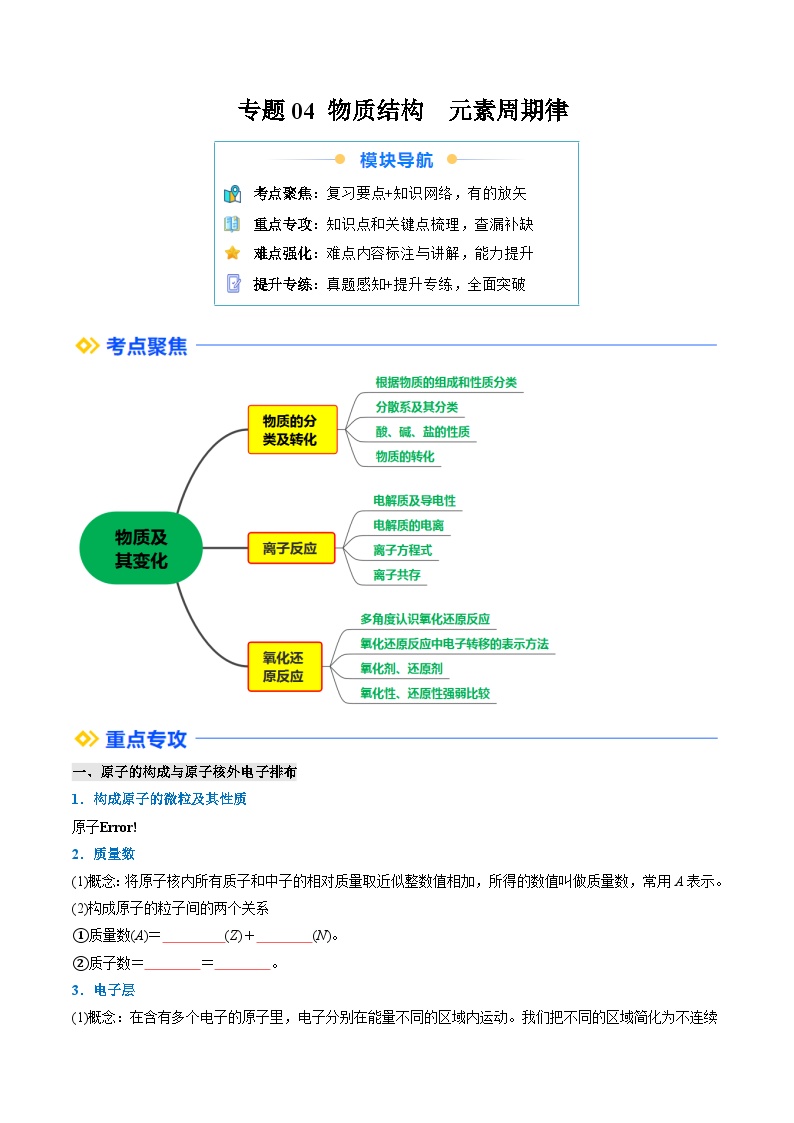 ①寒假复习-专题04 物质结构  元素周期律（学生版）-2025年高一化学寒假衔接讲练 (人教版)