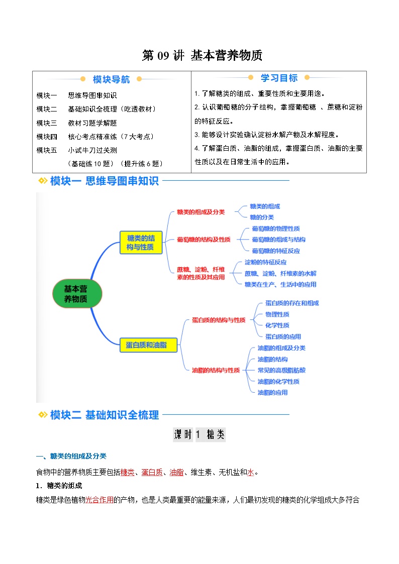 ②寒假预习-第09讲 基本营养物质（教师版）-2025年高一化学寒假衔接讲练 (人教版)