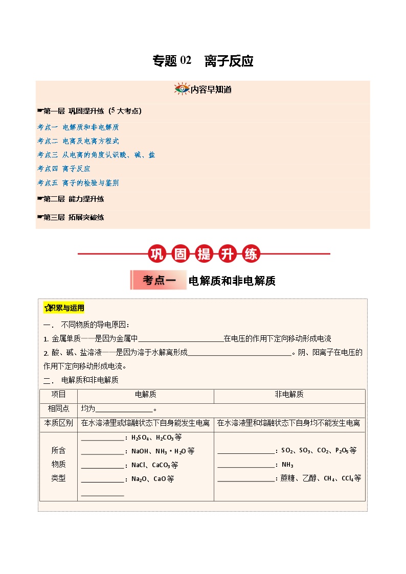 ③寒假提升练-专题02 离子反应（学生版）-2025年高一化学寒假衔接讲练 (人教版)