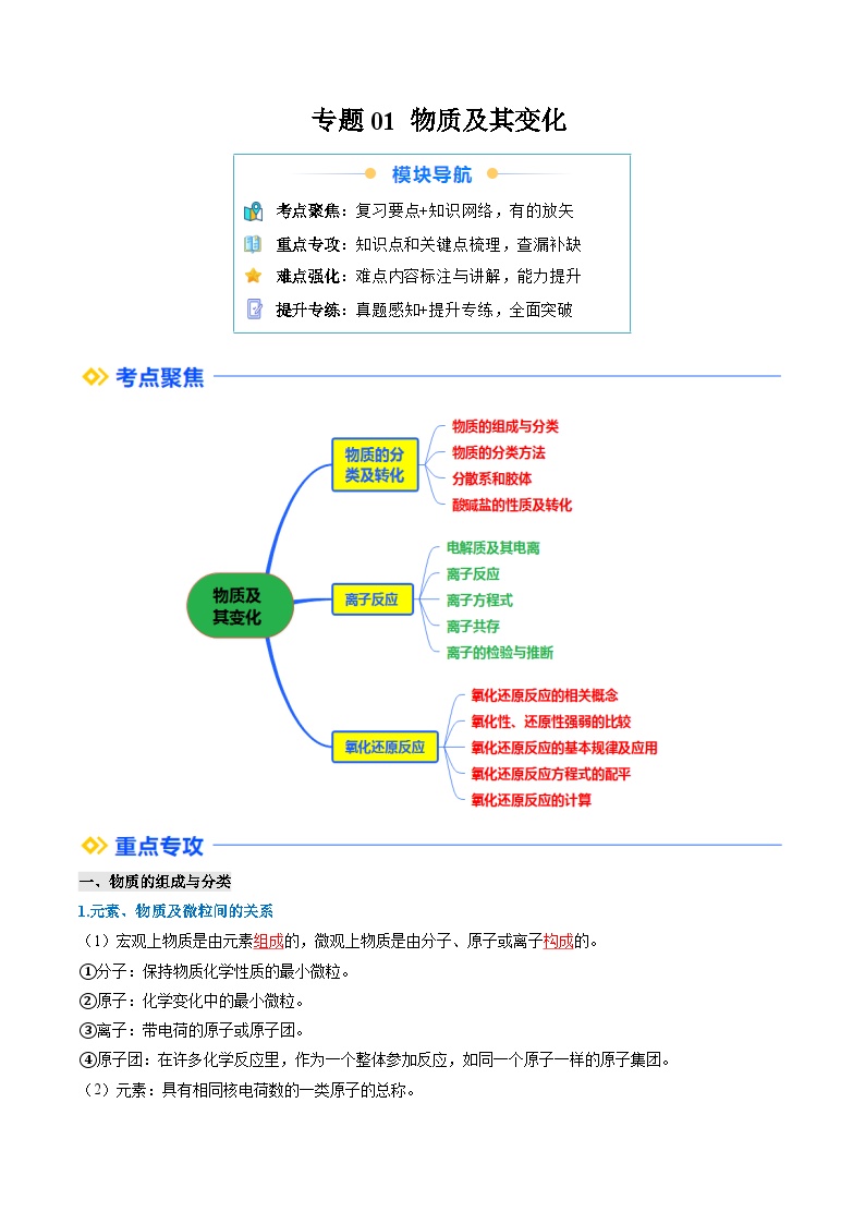 ①寒假复习-专题01 物质及其变化（教师版）-2025年高一化学寒假衔接讲练 (人教版)