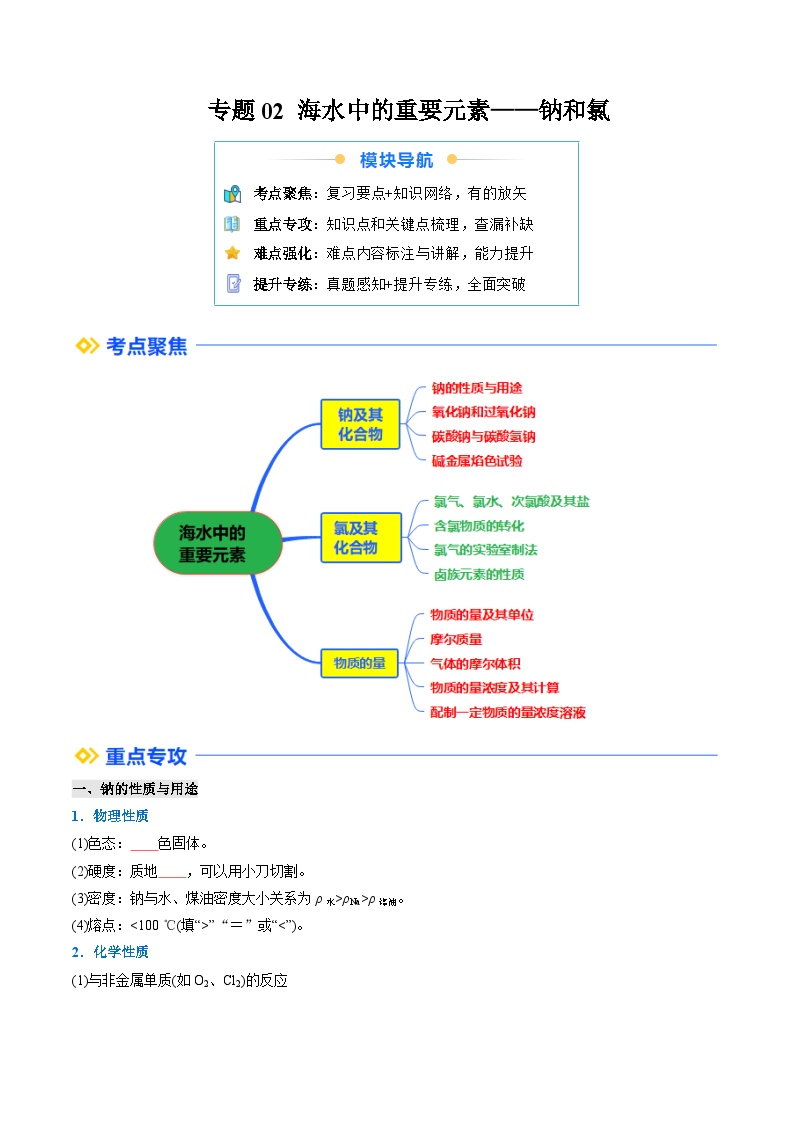 ①寒假复习-专题02 海水中的重要元素—钠和氯（学生版）-2025年高一化学寒假衔接讲练 (人教版)