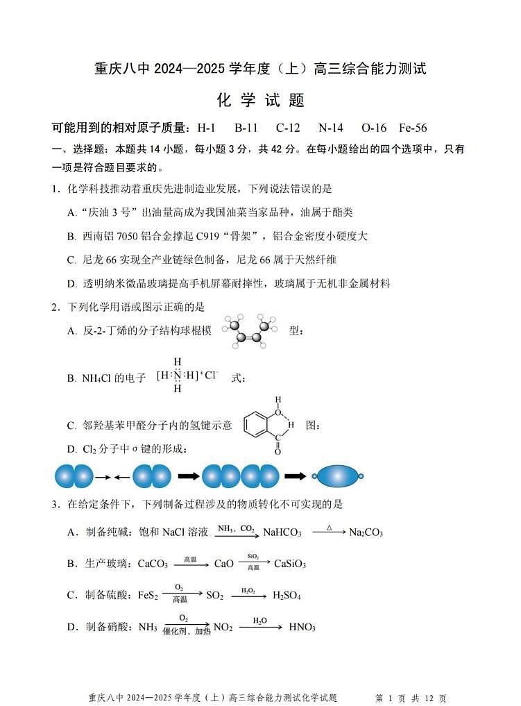 重庆市第八中学2025届高三上学期1月期末综合能力测试-化学试题+答案第1页