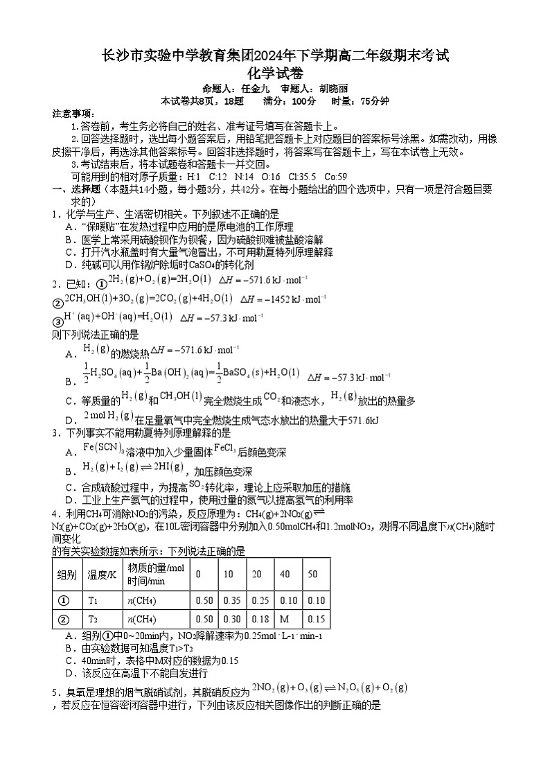 湖南省长沙市实验中学2024-2025学年高二上学期1月期末化学试卷第1页