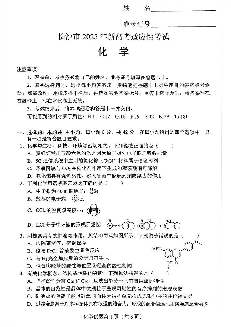 湖南省长沙市2024-2025学年新高考适应性考试化学试卷(PDF版,含答案)第1页