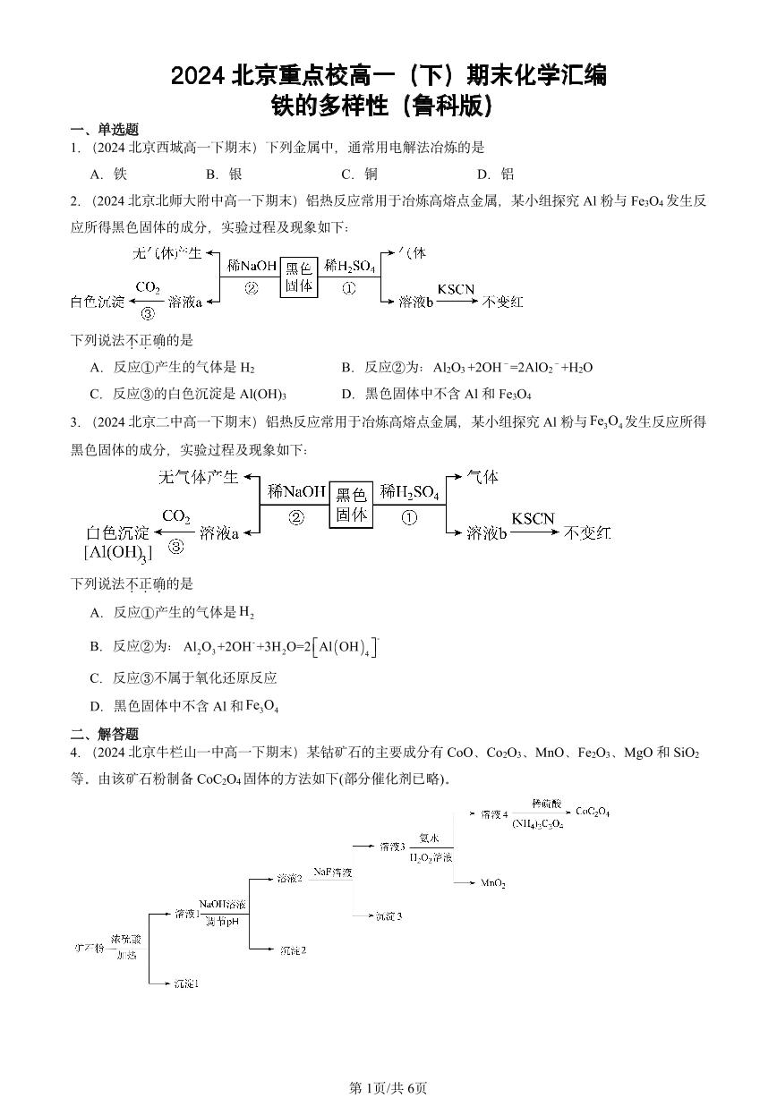 2024北京重点校高一（下）期末真题化学汇编：铁的多样性（鲁科版）