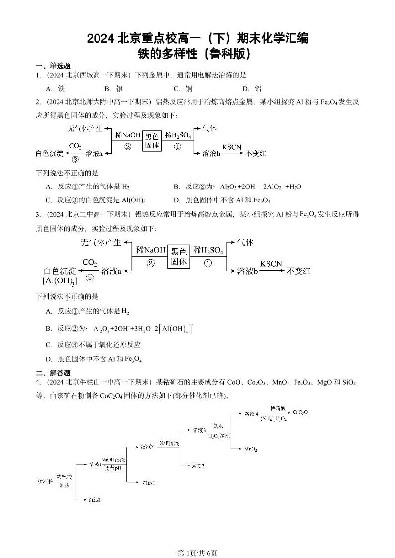 2024北京重点校高一(下)期末真题化学汇编:铁的多样性(鲁科版)第1页