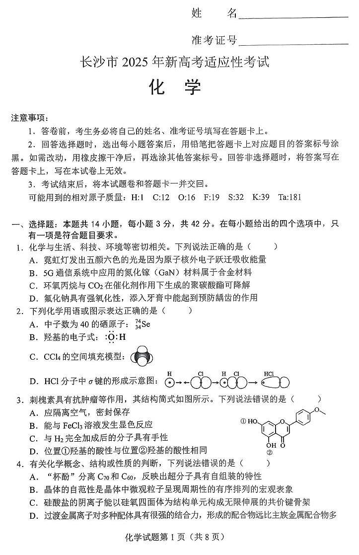 2025届湖南省长沙市高三上学期新高考适应性考试化学试卷第1页