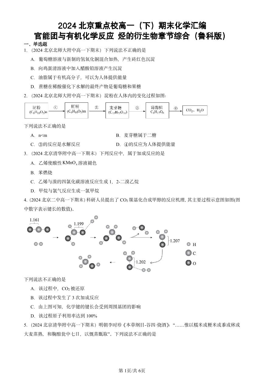 2024北京重点校高一（下）期末真题化学汇编：官能团与有机化学反应 烃的衍生物章节综合（鲁科版）