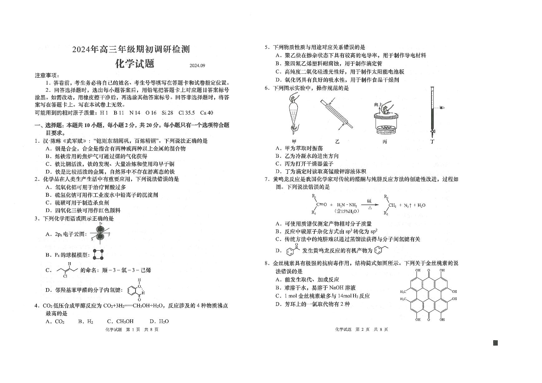 山东青岛2024-2025学年高三上学期期初调研检测化学+答案