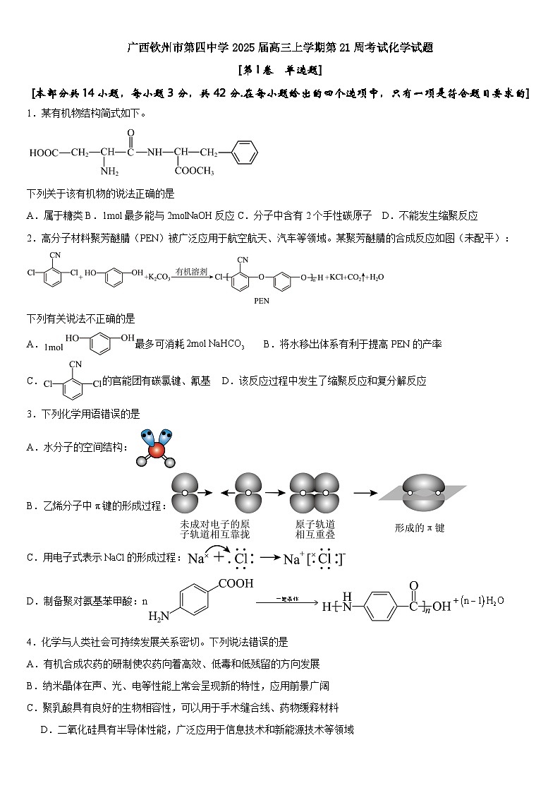 广西钦州市第四中学2025届高三上学期第21周考试化学试题第1页