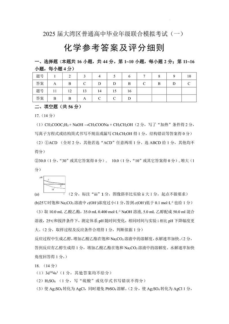2025届大湾区一模高三化学参考答案及评分细则第1页