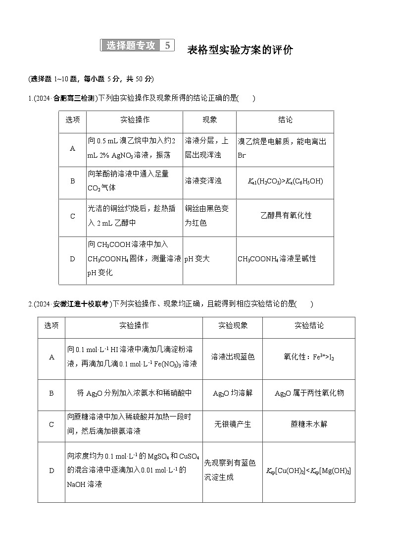 专题七 选择题专攻5 表格型实验方案的评价--2025年高考化学大二轮专题复习(专练)第1页