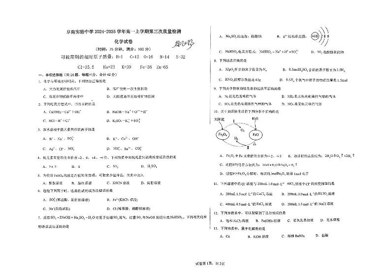 安徽省阜阳市阜南实验中学2024-2025学年高一上学期1月期末化学试题第1页