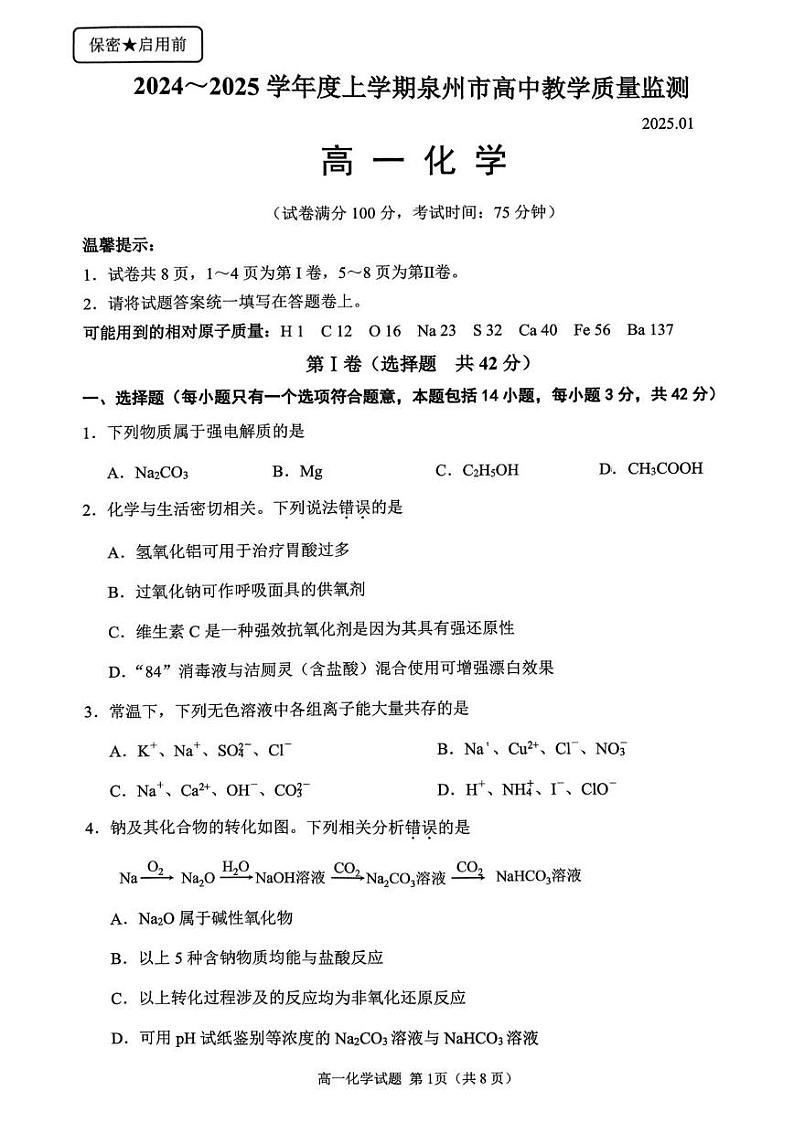 福建省泉州市2024-2025学年高一上学期期末化学试卷第1页