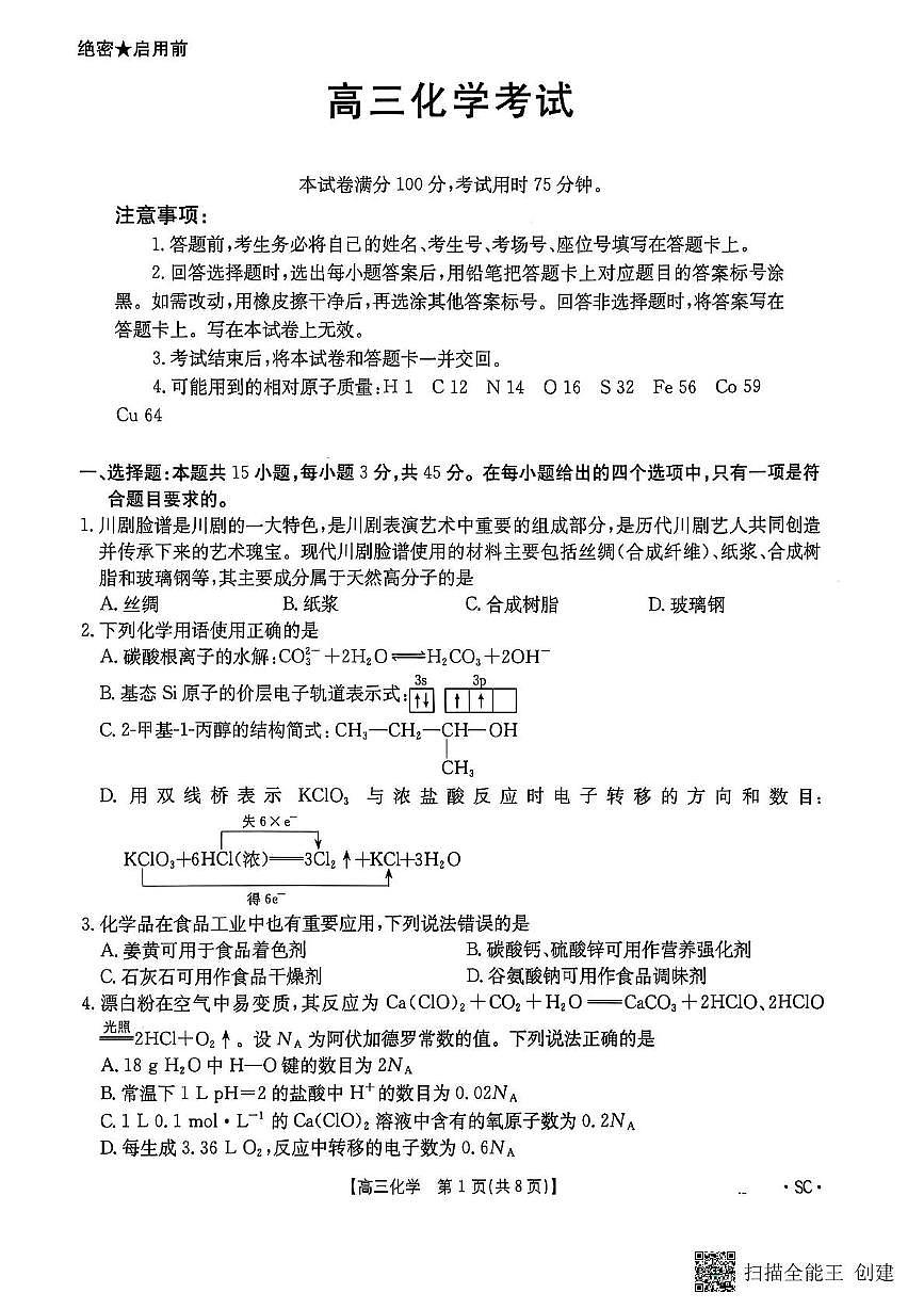 四川省巴中市2024-2025學年高三上學期期末考試化學試卷第1頁