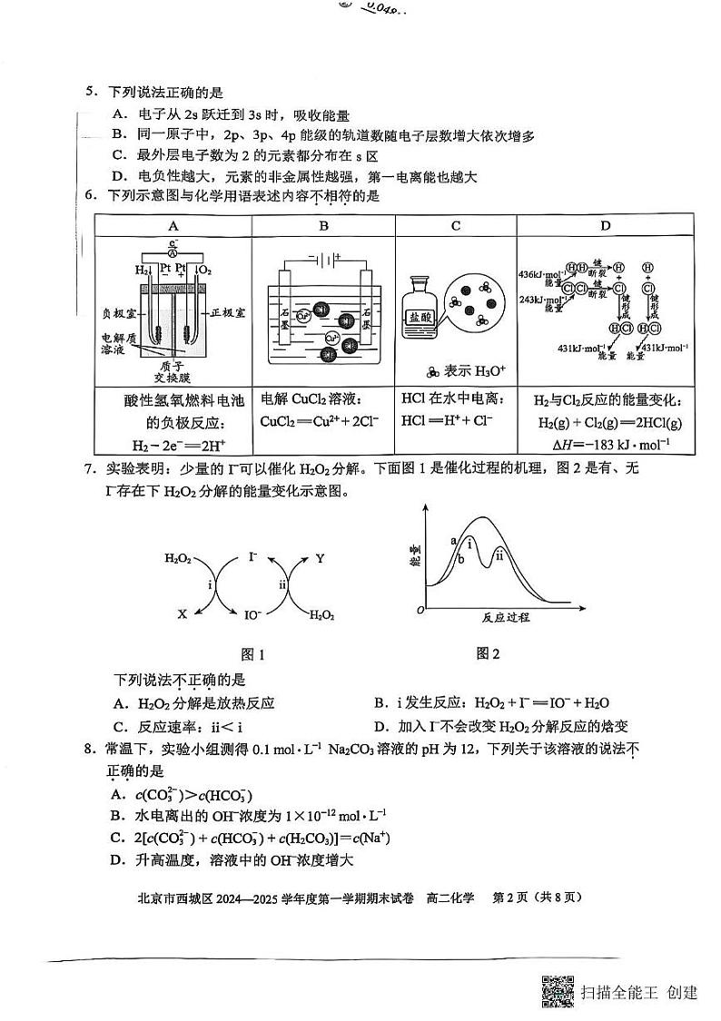 北京市西城区2024-2025学年高二上学期期末考试化学试卷第2页