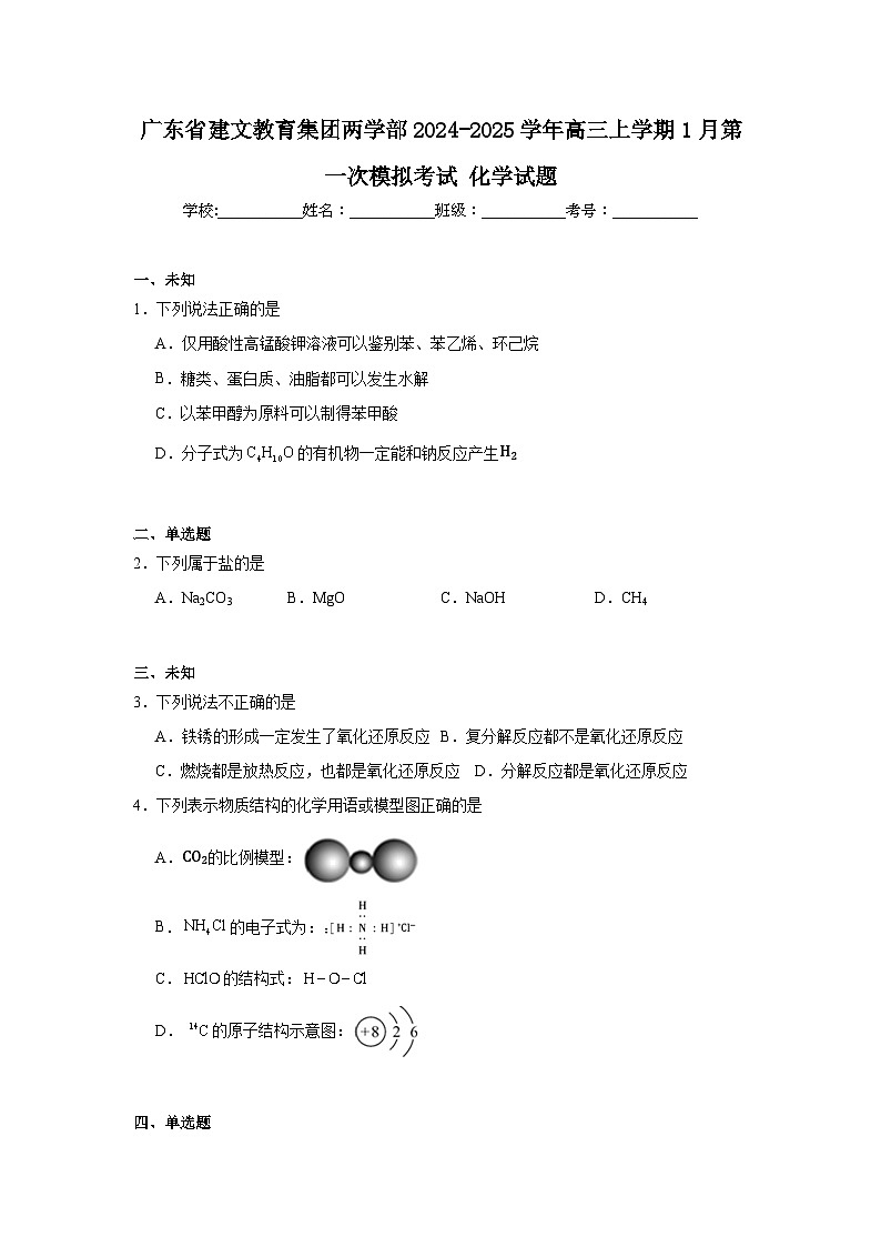 广东省建文教育集团两学部2024-2025学年高三上学期1月第一次模拟考试化学试题第1页