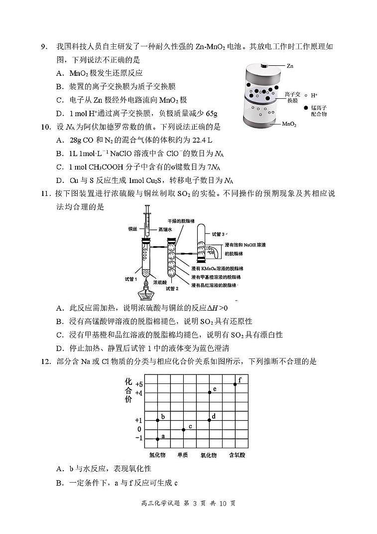 广东省深圳市龙岗区2024-2025学年高三上学期期末质量监测 化学试题第3页
