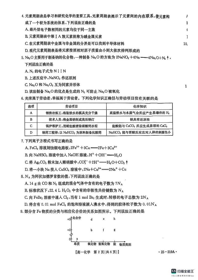 云南省楚雄彝族自治州2024-2025学年高一上学期1月期末教育学业质量监测 化学试题第2页