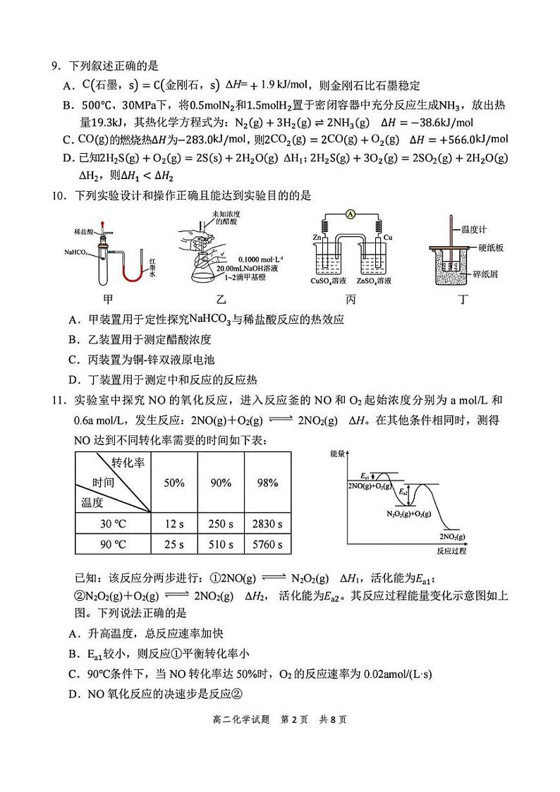 浙江省宁波市慈溪市2024-2025学年高二上学期期末测试 化学试题第2页