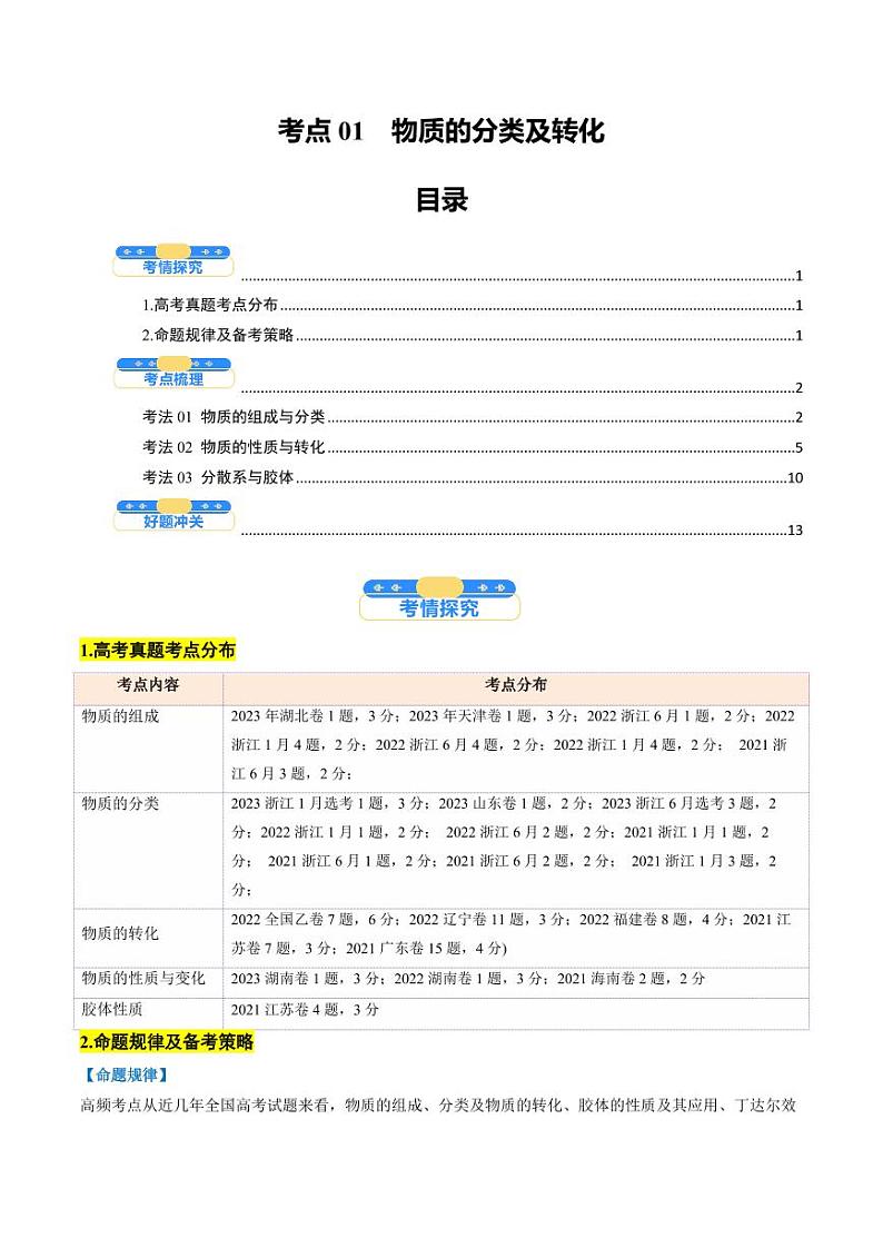 考点01 物质的分类及转化(核心考点精讲精练)-备战2025年高考化学一轮复习考点帮(新高考通用)(学生版)第1页