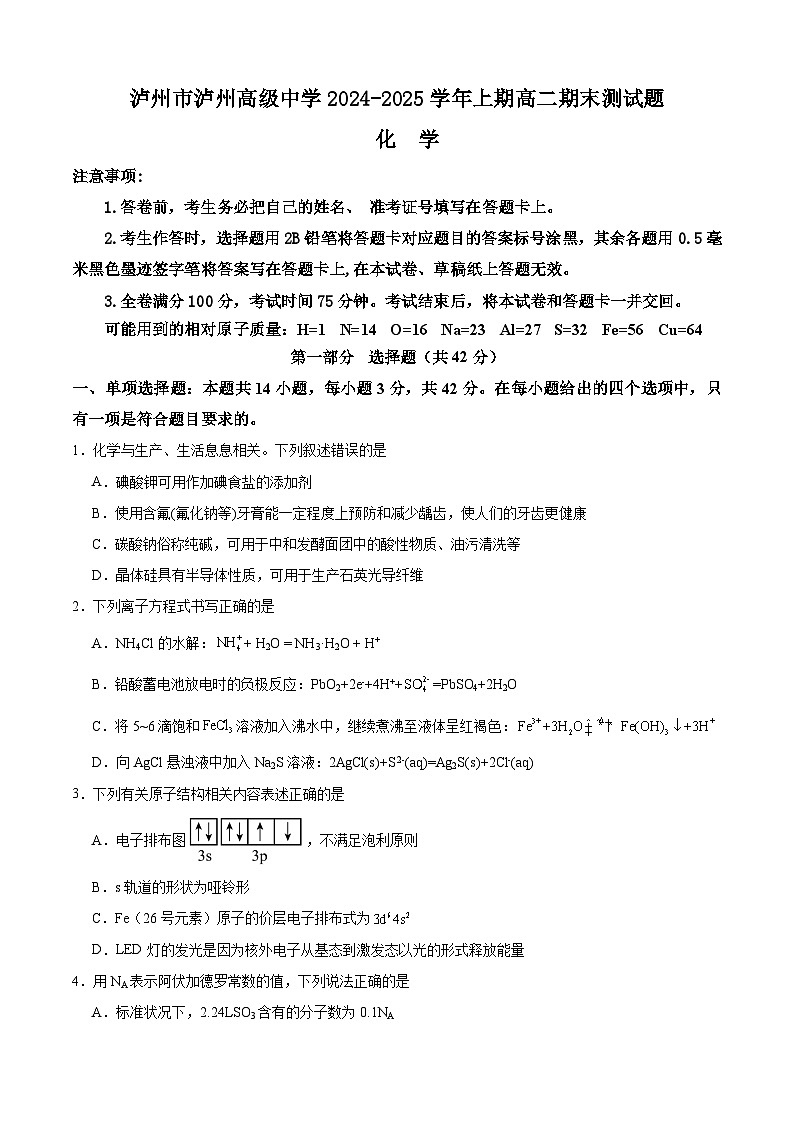 四川省泸州高级中学2024-2025学年高二上学期1月期末考试化学试卷(Word版附答案)第1页