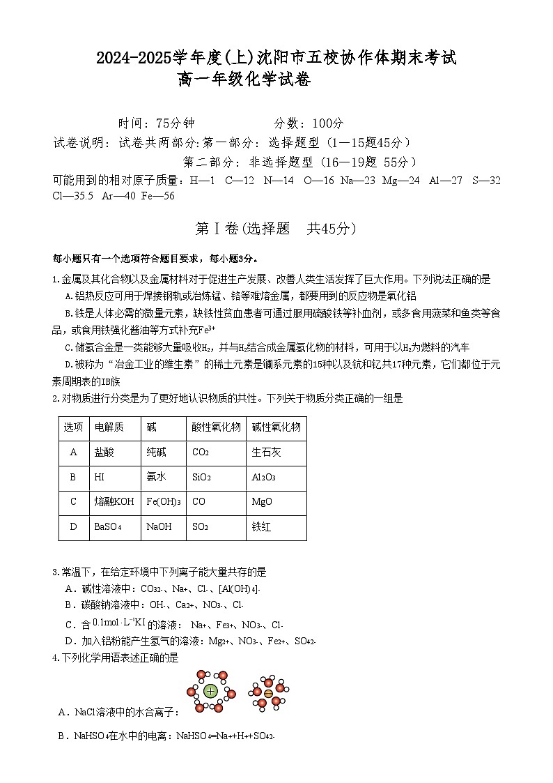 辽宁省沈阳市2024-2025学年度上学期高一期末五校联考化学试题五校联考高一化学试卷第1页