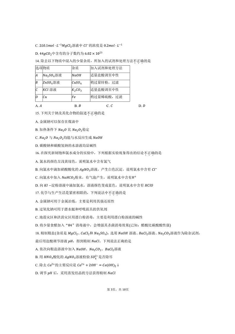 2024~2025学年北京市海淀区北京一零一中学高一上期中化学试卷(含答案)第3页