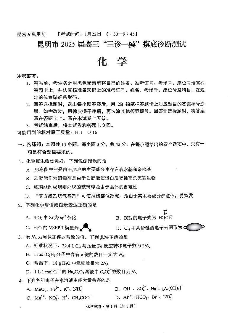 云南省昆明市2025届高三上学期“三诊一模”摸底诊断测试化学试卷(PDF版附答案)第1页
