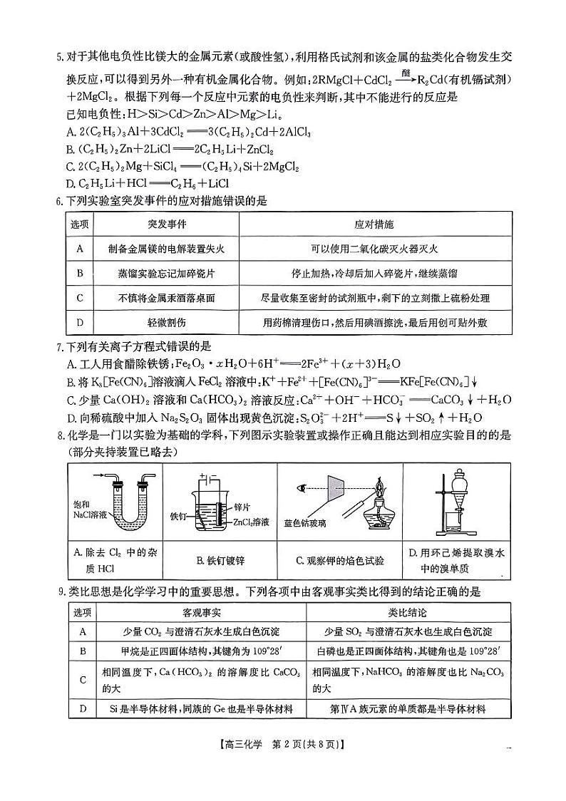 河南省驻马店市部分学校2025届高三上学期1月期末联考化学试卷(PDF版附解析)第2页