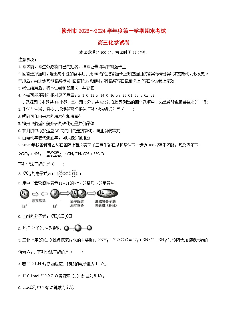 江西省赣州市2023_2024学年高三化学上学期期末考试试卷无答案