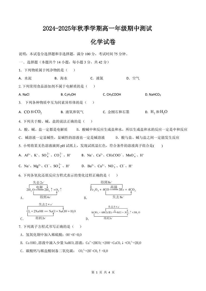 云南省文山壮族苗族自治州麻栗坡县2024-2025学年高一上学期10月期中考试+化学试题第1页