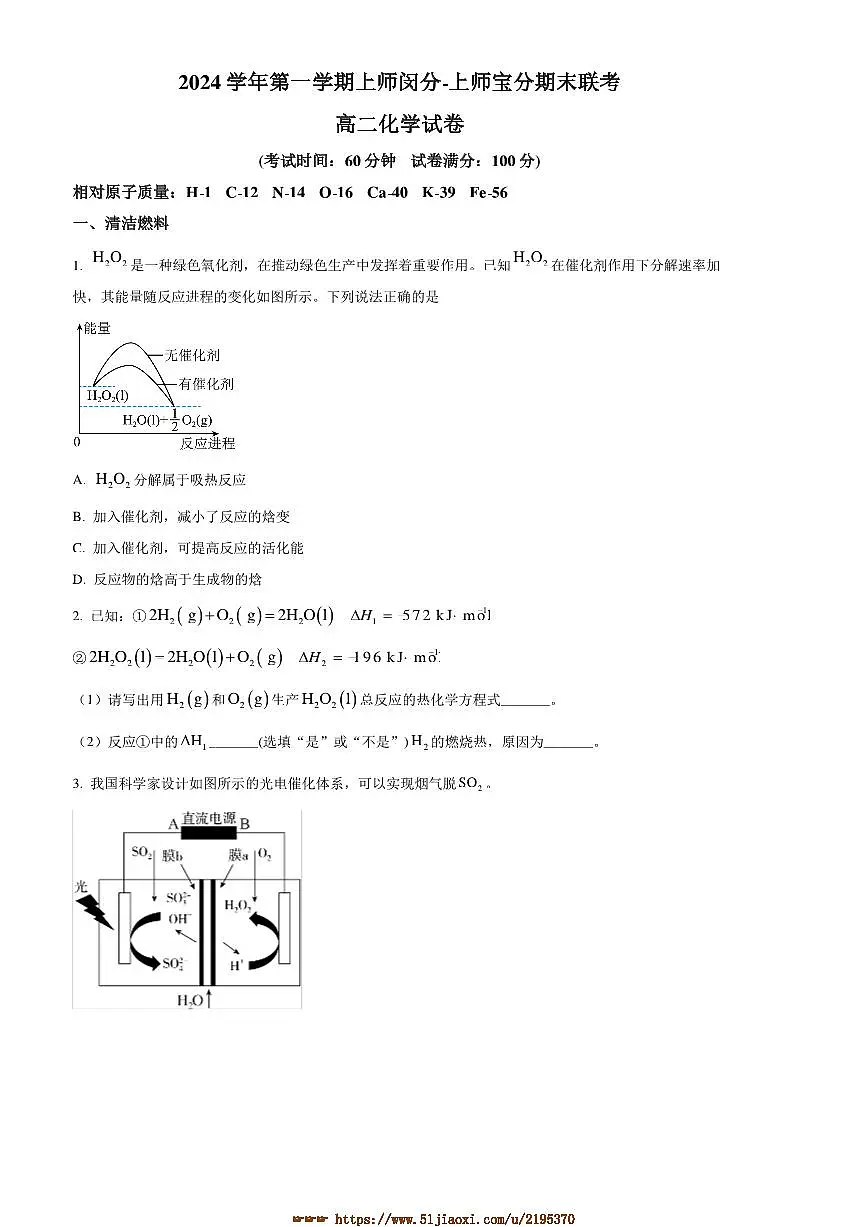 2024~2025学年上海市上海师范大学附属中学闵行分校高二上1月期末考试化学试卷(含答案)第1页