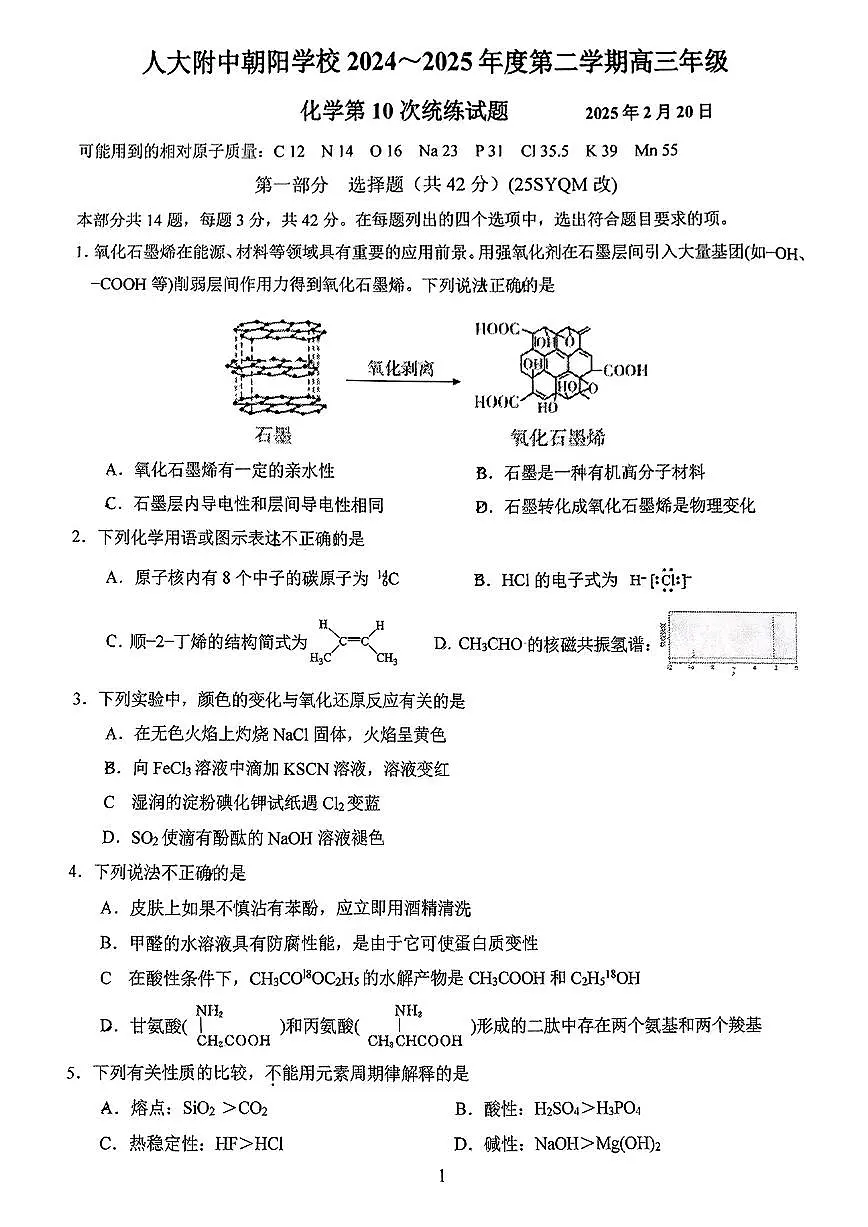 2025北京人大附中朝阳学校高三(下)统练十化学第1页