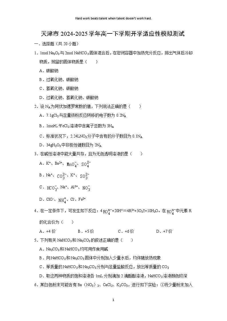 天津市2024-2025学年高一(下)开学适应性模拟测试化学试卷(解析版)第1页