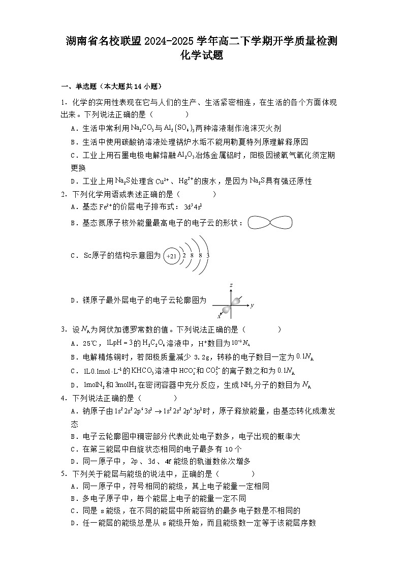 湖南省名校联盟2024-2025学年高二下学期开学质量检测 化学试题(含解析)第1页