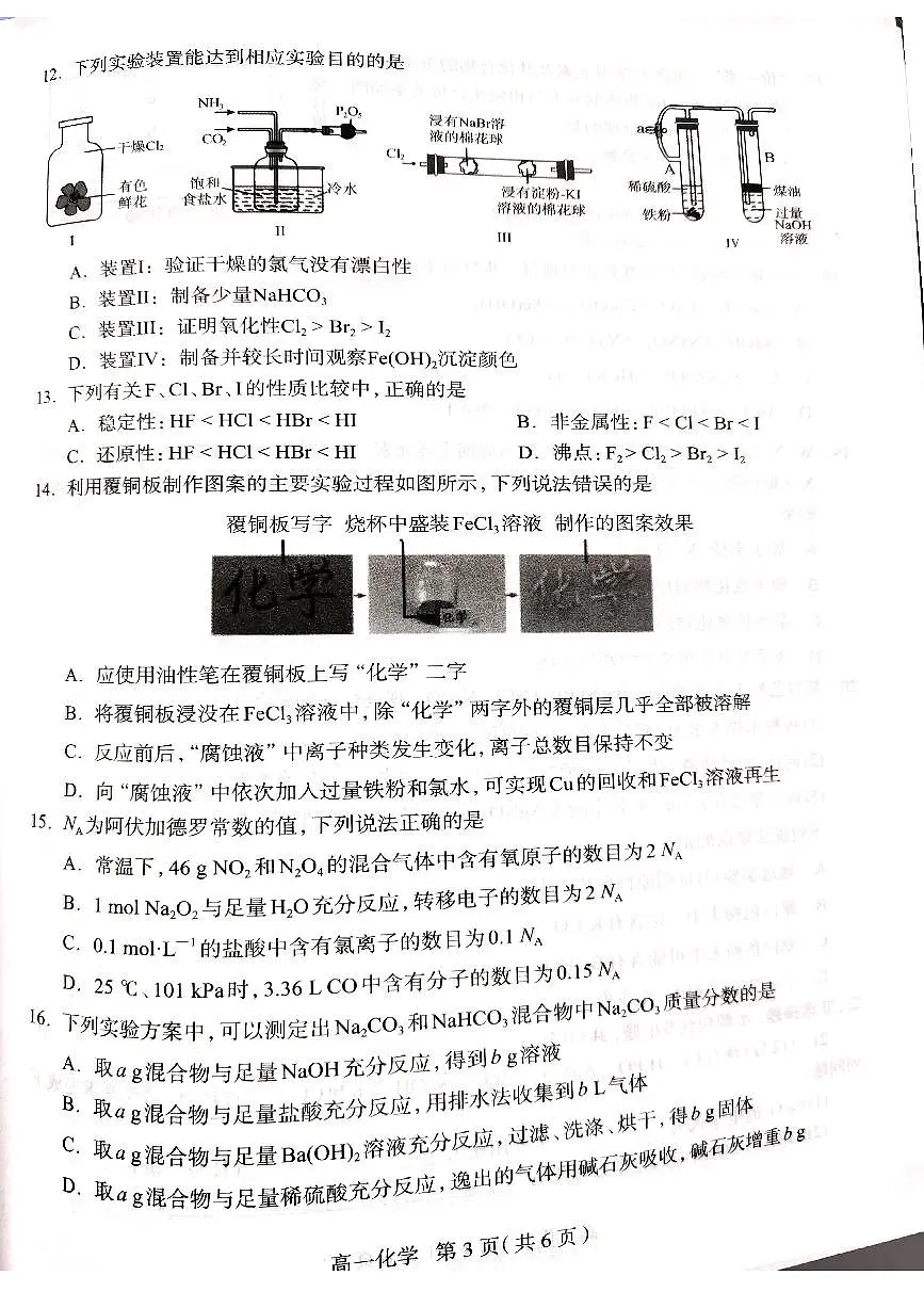 2025石家庄高一上学期期末考试化学PDF版含答案第2页