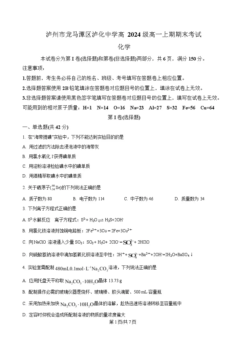 四川省泸州市泸化中学2024-2025学年高一上学期1月期末化学试题(原卷版)第1页