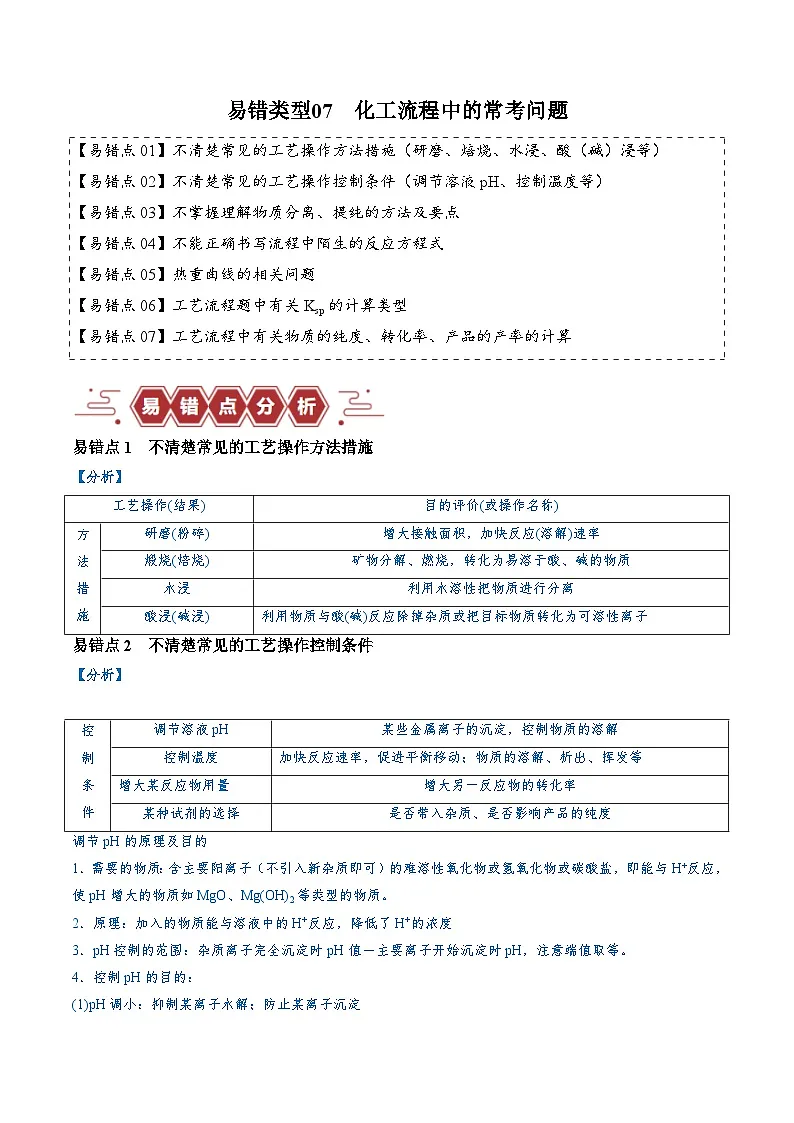2025高考化学二轮复习-易错类型07化工流程中的常考问题(7大易错点)-专项训练-Word版含解析第1页