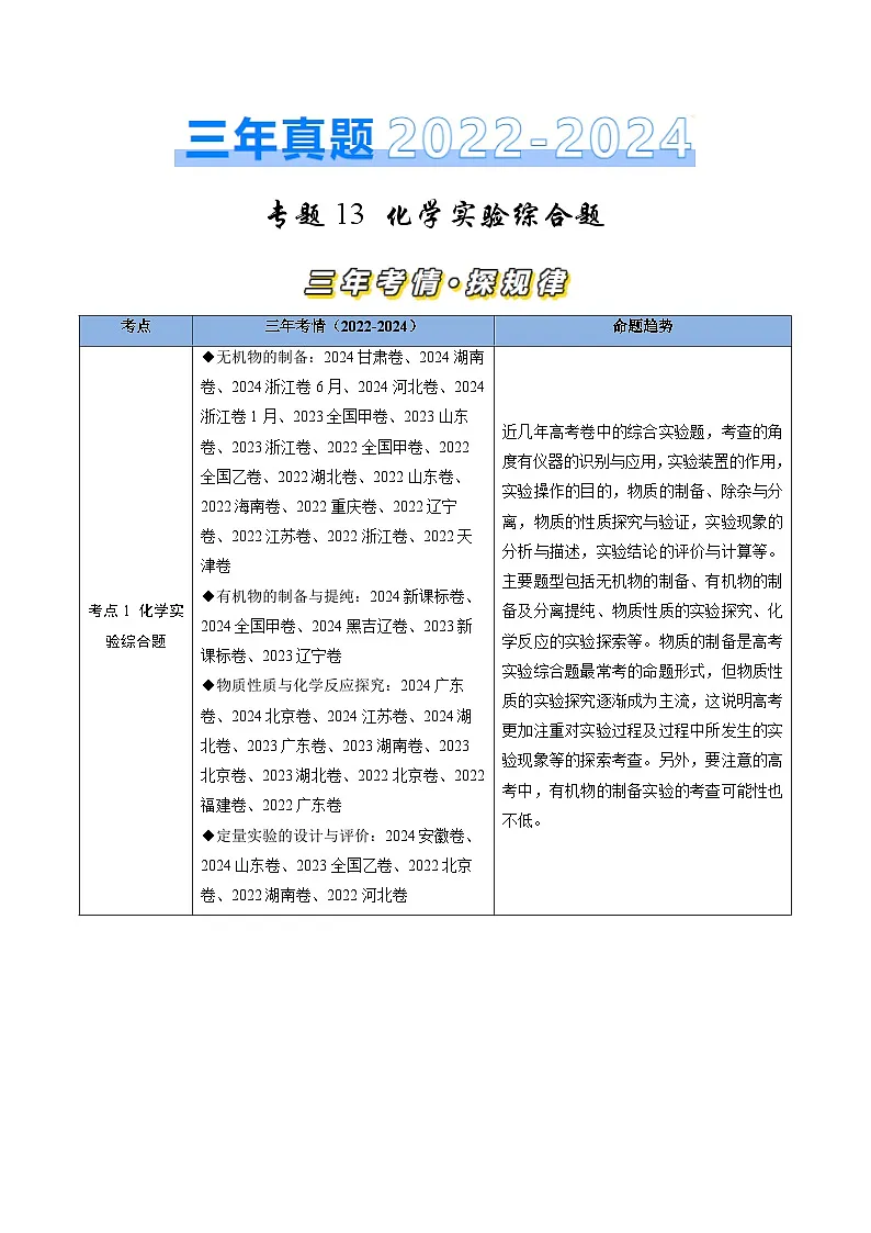 专题13 化学实验综合题-三年(2022-2024)高考化学真题分类汇编(全国通用)(学生卷)第1页