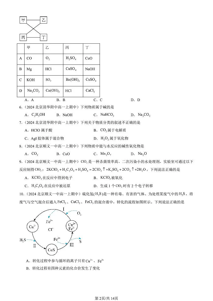 2024北京重点校高一(上)期中真题化学汇编:物质及其变化章节综合(单选题)2第2页