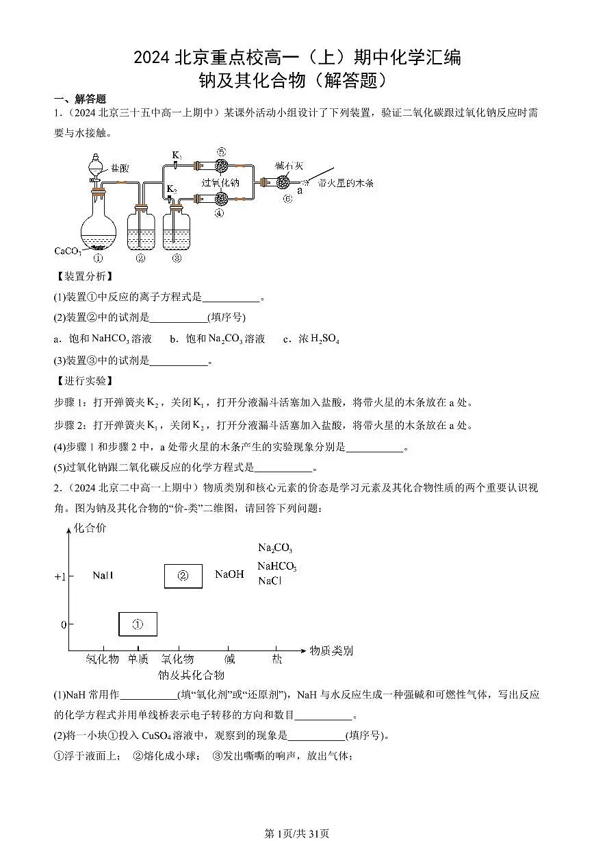 2024北京重点校高一(上)期中真题化学汇编:钠及其化合物(解答题)第1页