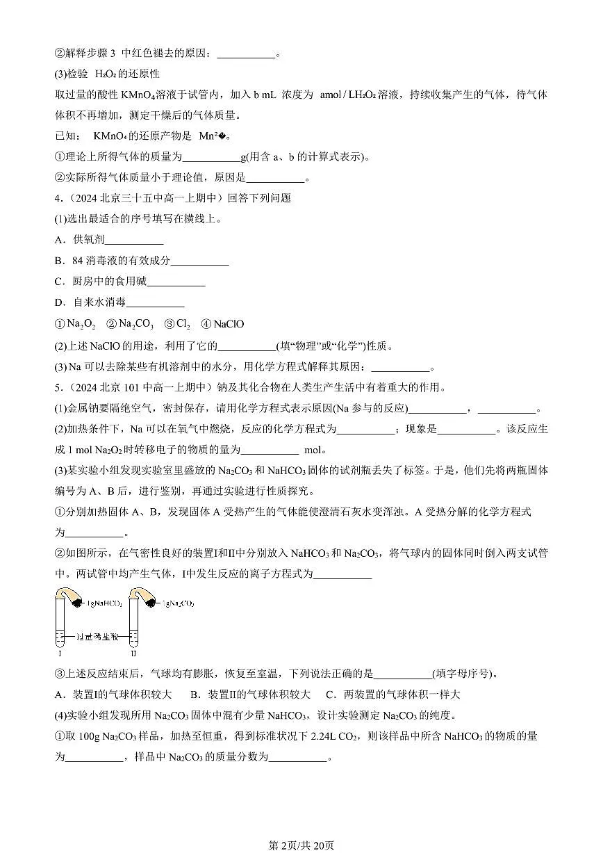 2024北京重点校高一(上)期中真题化学汇编:钠及其化合物(非解答题)第2页