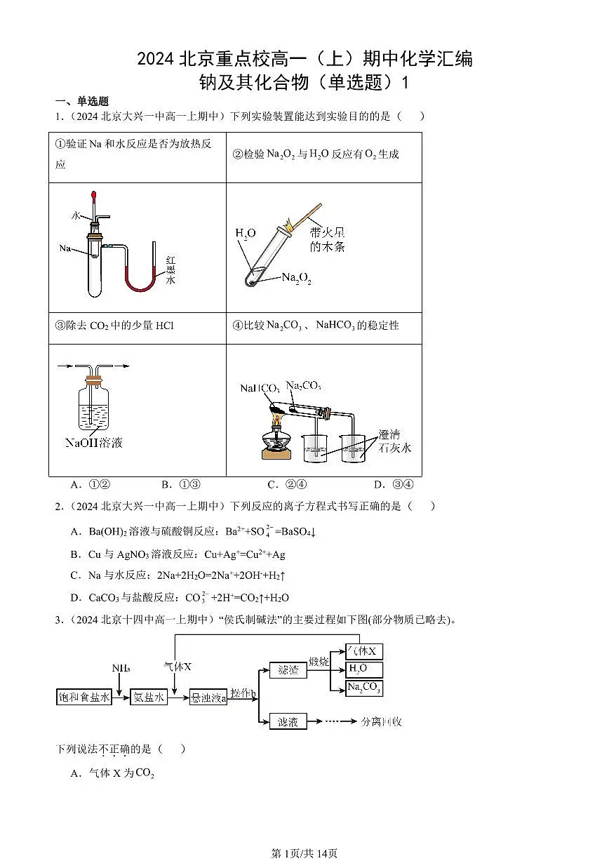 2024北京重点校高一(上)期中真题化学汇编:钠及其化合物(单选题)1第1页