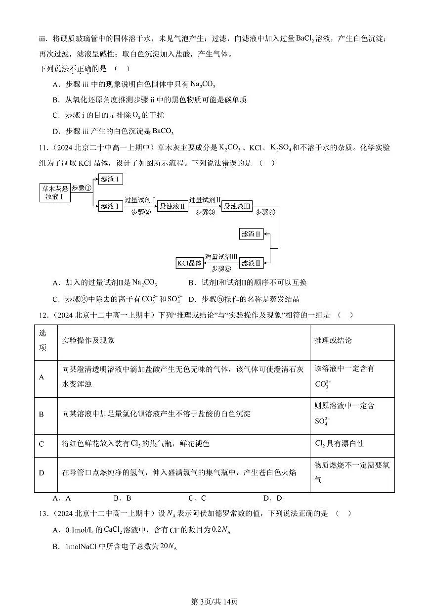 2024北京重点校高一(上)期中真题化学汇编:海水中的重要元素—钠和氯章节综合(单选题)2第3页