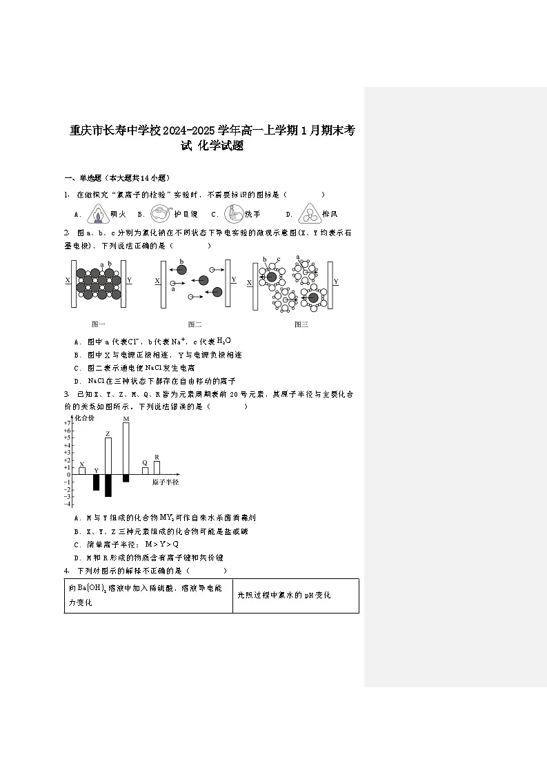 重庆市长寿中学校2024-2025学年高一上学期1月期末考试 化学试题第1页